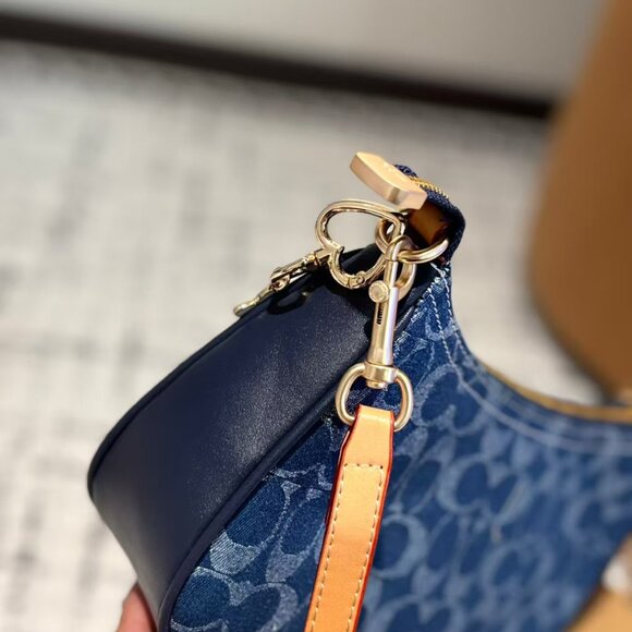 Denim Blue Shoulder Bag with Tan Strap - Picture 5 of 6